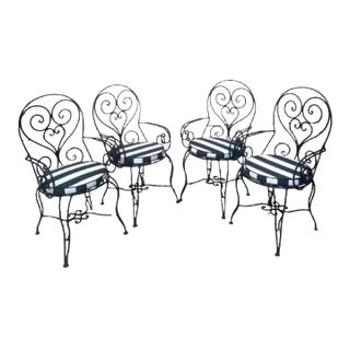 Vintage French Hand Forge Wrought Iron Garden/ Patio Arm Chairs - Set of 4 For Sale