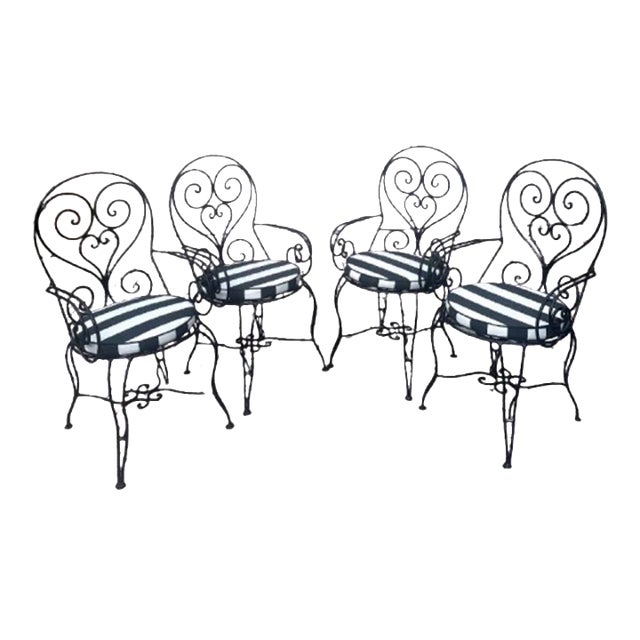 Vintage French Hand Forge Wrought Iron Garden/ Patio Arm Chairs - Set of 4 For Sale