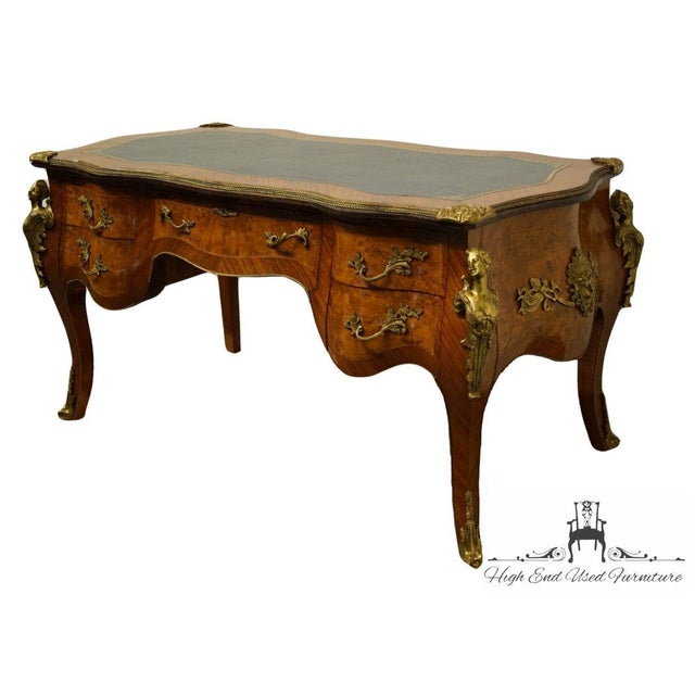 Wood Vintage French Provincial Louis XV Burled Walnut & Kingwood Bureau Plat / Executive Desk W. Tooled Leather Top & Gilt Figural Mounts For Sale - Image 7 of 11