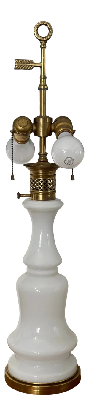 Mid 20th Century White Opaline and Brass Oil Table Lamp