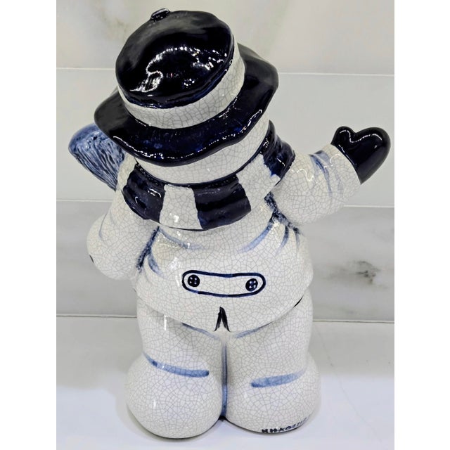 1980s Vintage 1984 Dedham Style Blue White Crackle Glaze Snowman Figurine, Potting Shed Attributed For Sale - Image 5 of 9