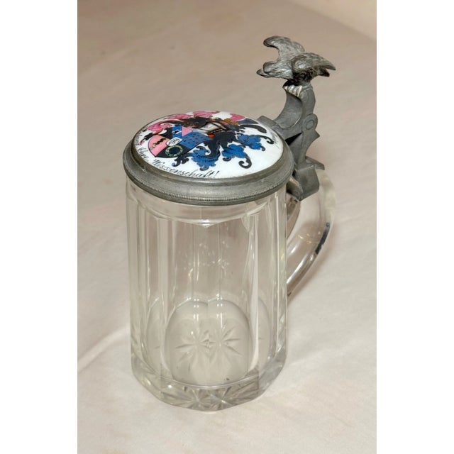 Antique 1800's Armorial Painted Porcelain Glass Pewter German Lidded Beer Stein For Sale - Image 4 of 15