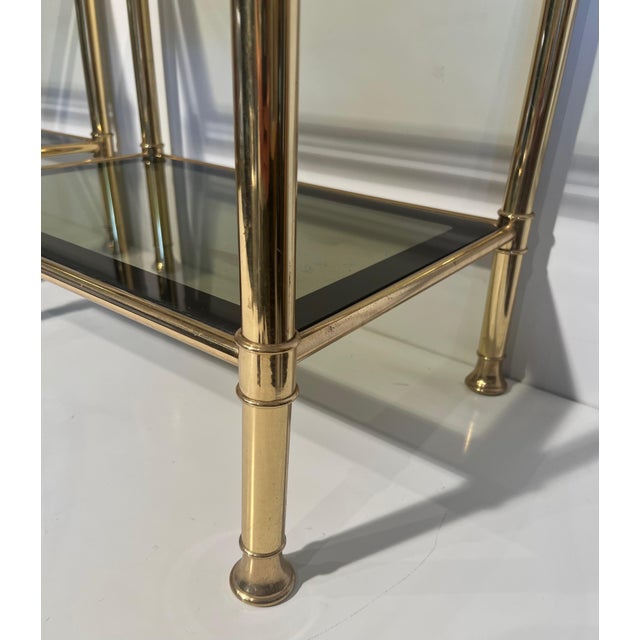 Brass 1970s Pair of brass side tables with smoked glass shelves For Sale - Image 8 of 10
