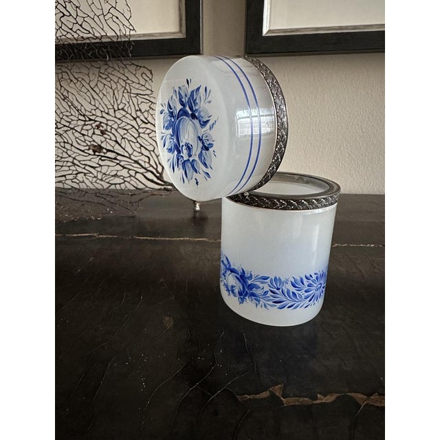 Light Grey Opaline Glass Box with Blue Floral Enamel Decoration, 1890s For Sale - Image 3 of 18