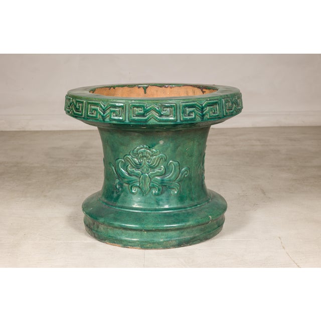 Late 20th Century Chinese Vintage Green Glazed Ceramic Planter or Garden Seat Base with Foliage For Sale - Image 5 of 11