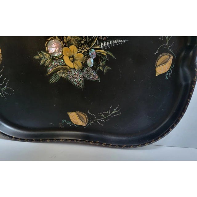 Vintage Black Tole Tray With Shells and Flowers For Sale - Image 4 of 7