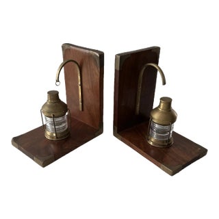1960s Teak Wood and Brass Nautical Lantern Bookends-A Pair For Sale
