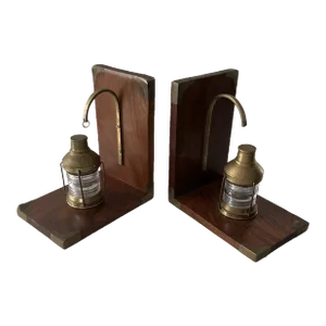 1960s Teak Wood and Brass Nautical Lantern Bookends-A Pair