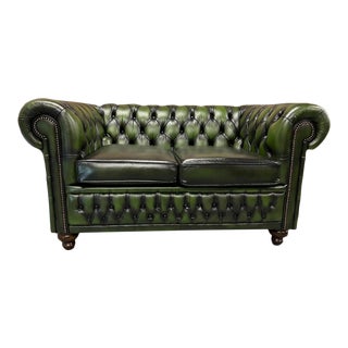Vintage Mid-Century English Leather Button Tufted Chesterfield 2 Seat Sofa, Green For Sale