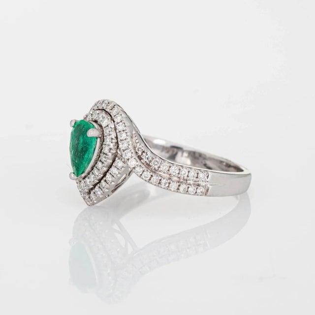 Emerald Diamond Ring Estate 14k White Gold Pear Halo Sz 7 Fine Jewellery For Sale - Image 4 of 7
