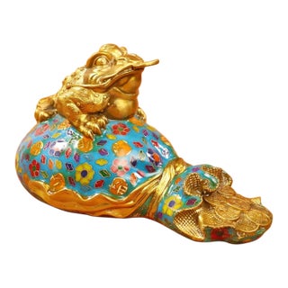 Vintage Cloisonne Enamel Golden Toad on Coin Bag – 5.5" Wealth Figure For Sale