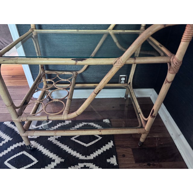 Coastal Mid Century Modern Bamboo Rattan Bar Cart For Sale - Image 9 of 11