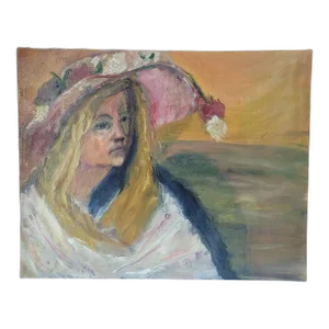 Late 20th Century Portrait Woman in Floral Hat Oil Painting by Rosemary Rabut