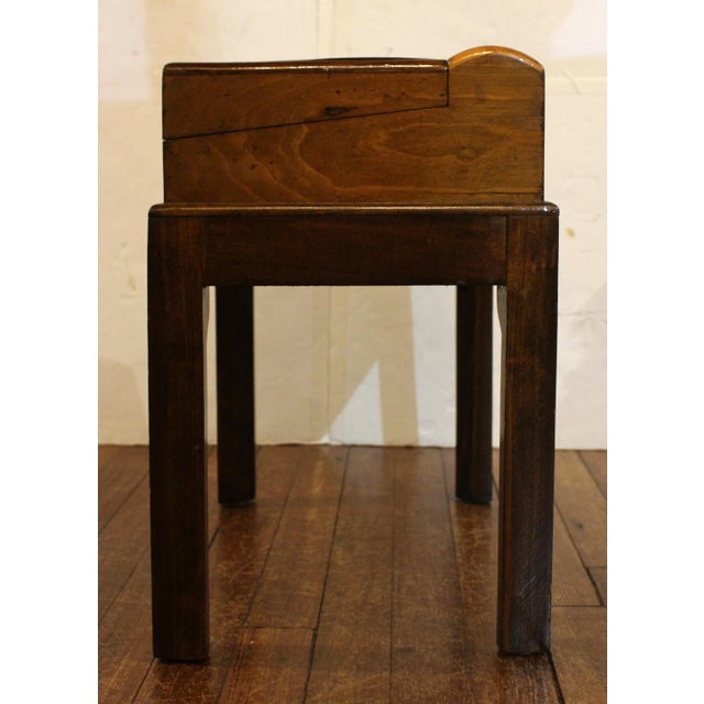 Circa 1860 travel or lap desk on custom made side table stand, Swedish. Marquetry panel top decoration of a sleigh pulled...