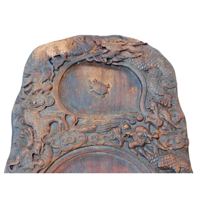 1990s Chinese Wood Calligraphic Ink Pad With Hand Carved Dragon And Turtle For Sale - Image 5 of 7