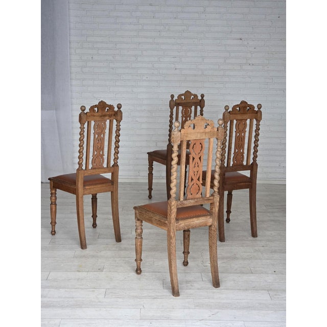 1930s, set of 4 Danish dining chairs. Reupholstered about 20 years ago by craftsman. Solid carved oak wood renewed. Good...