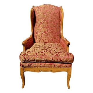 1964 Barnes & Kimel Queen Anne Wingback Chair With Red Jacquard Fabric For Sale