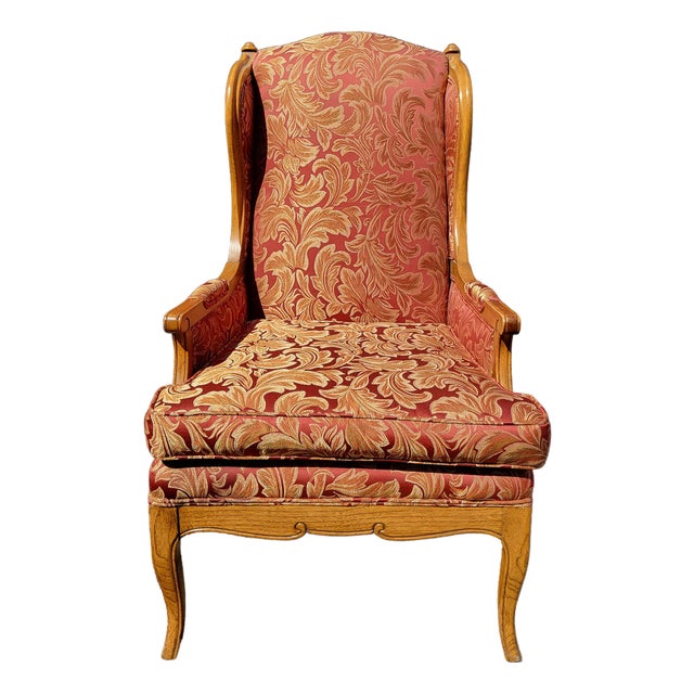 1964 Barnes & Kimel Queen Anne Wingback Chair With Red Jacquard Fabric For Sale