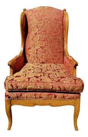 1964 Barnes & Kimel Queen Anne Wingback Chair With Red Jacquard Fabric