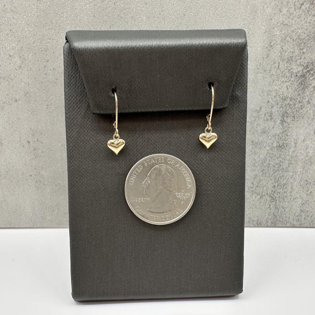 Early 21st Century Heart Dangle Earrings 10kt Yellow Gold Lever Backs Hollow Pre Loved, Pair For Sale - Image 5 of 6