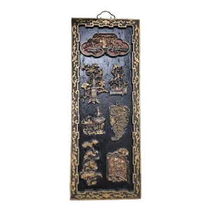 Chinese Parcel Gilt, Ebonized and Decorated Wood Wall Hanging Plaque