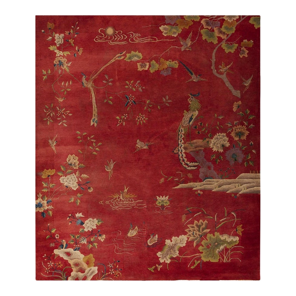 1920s Red Floral Antique Chinese Art Deco Water Bird Rug 8'2