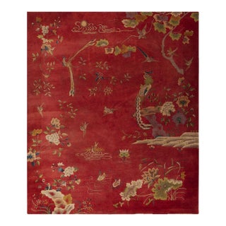 1920s Red Floral Antique Chinese Art Deco Water Bird Rug 8'2" X 9'8" Wool Carpet For Sale