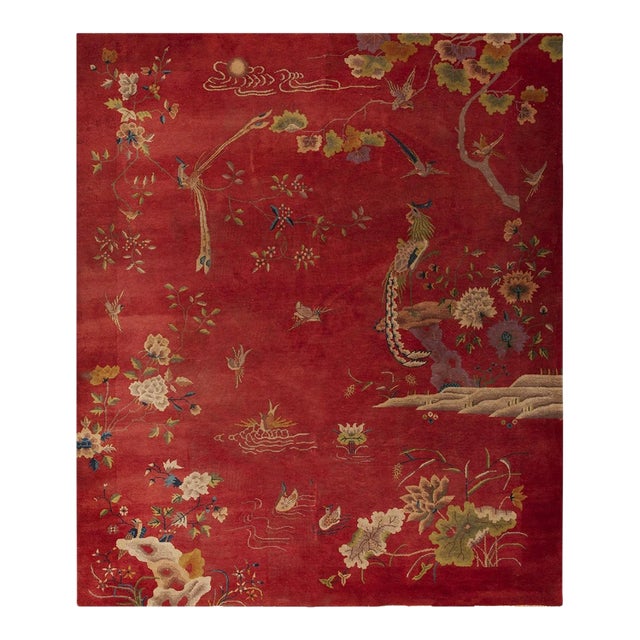 1920s Red Floral Antique Chinese Art Deco Water Bird Rug 8'2" X 9'8" Wool Carpet For Sale