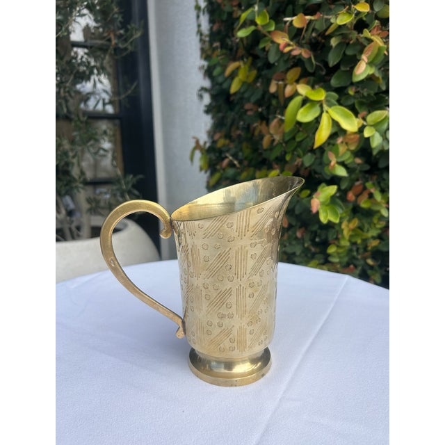 Vintage Etched Brass Pitcher With Pedestal Base For Sale - Image 12 of 14