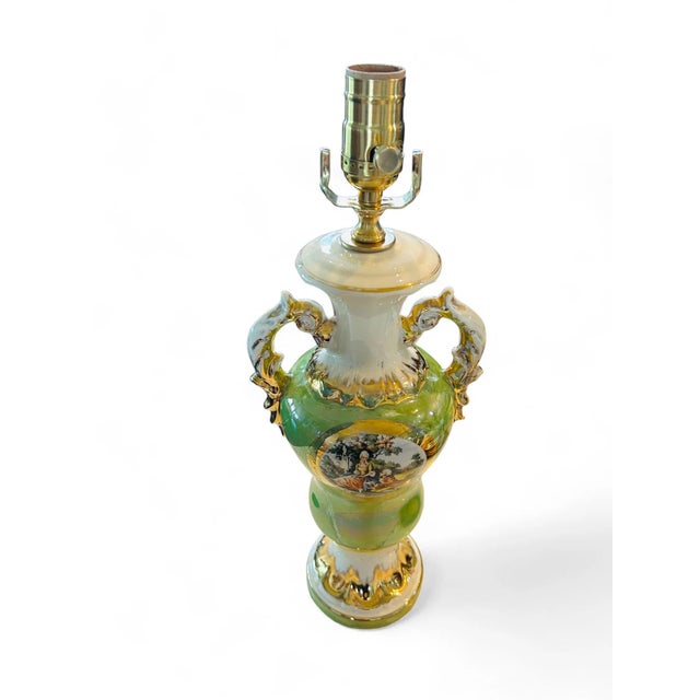 1950s 1950s Vintage Victorian Couple Motif Green Porcelain Gold Plated Table Lamp For Sale - Image 5 of 5