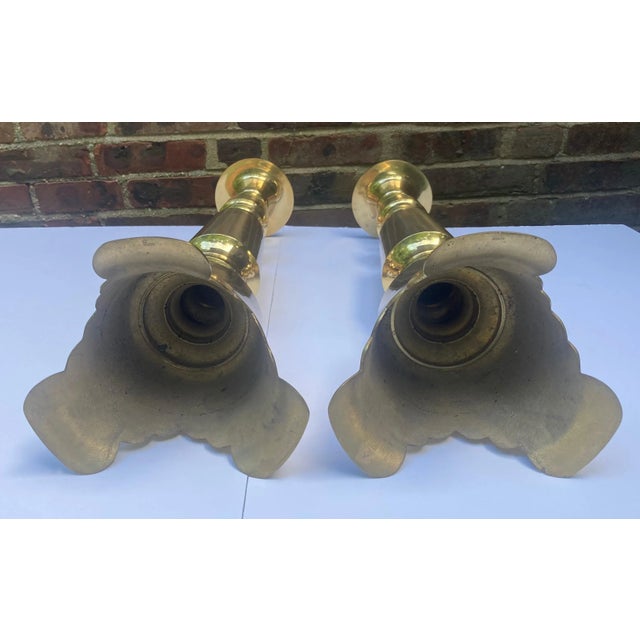 Brass 1960s Chinoiserie Tall Brass Candlesticks a Pair For Sale - Image 8 of 10