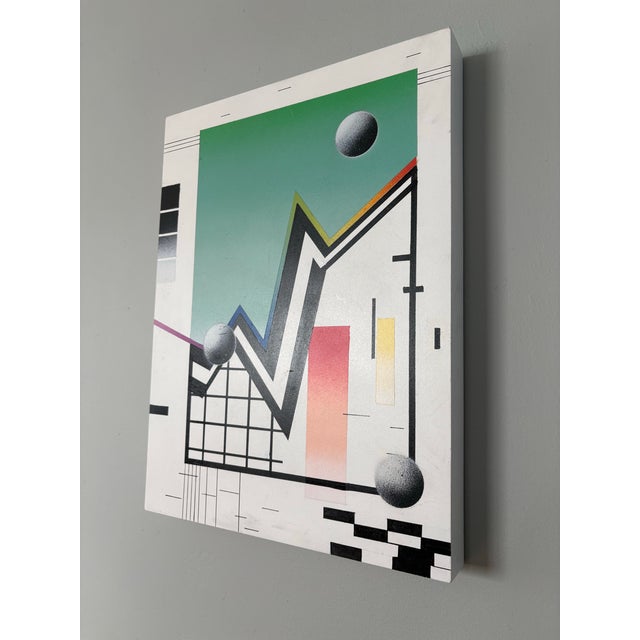 Original airbrushed new wave postmodern painting on raised wood board. Cool graphic and lines and spheres. Brightly...