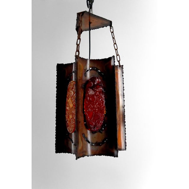Suspension Light in Patinated Copper and Multicolored Fractal Resin Medallions attributed to Accolay, 1970 For Sale - Image 15 of 15