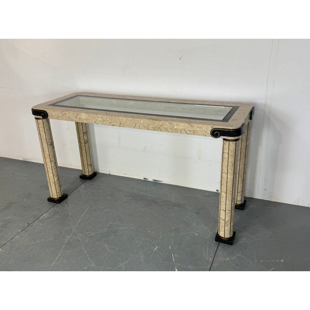 Vintage Italian Style Console Table in Stone Marquetry and Brass Details with Glass Top from Maitland Smith, 1980s For Sale - Image 4 of 16