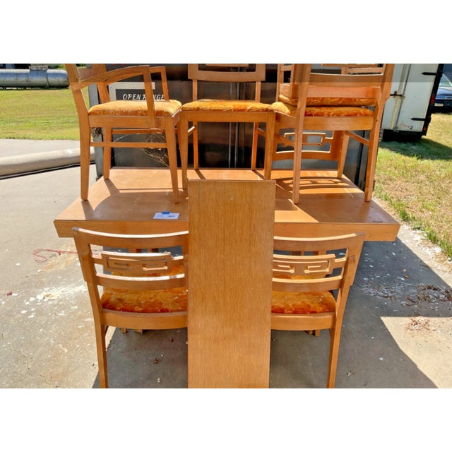 VTG Solid Wood Asian Motif Table and 6 Chairs With Orig Upholstery For Sale - Image 6 of 6