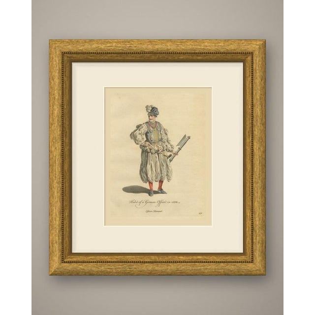 This is an original antique copper engraving with hand coloring, lettered "habit of a german officer, in 1588." it is...