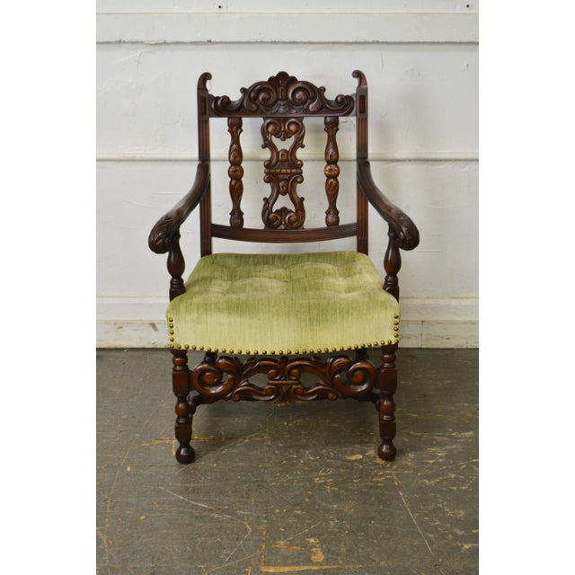 1920s Jacobean Style Solid Mahogany Carved Arm Chair (Possibly Kittinger) For Sale - Image 10 of 13