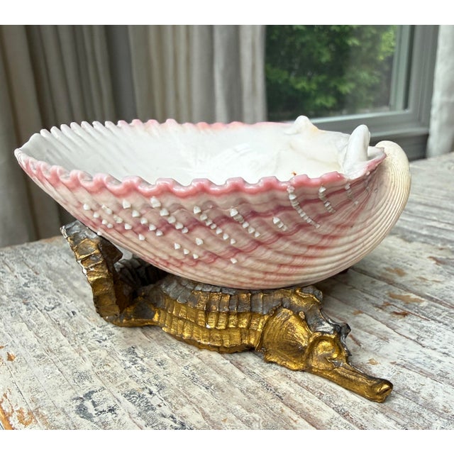 French French Scallop Shell on Brass Pedestal Seahorse Base For Sale - Image 3 of 8
