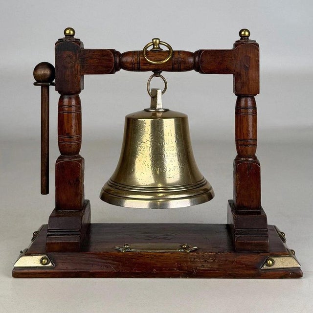 Antique English Edwardian Nautical Brass Bell with Oak Stand, 1900s For Sale - Image 3 of 12