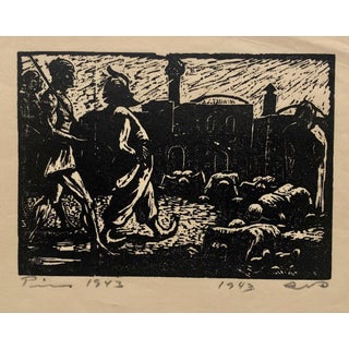Jacob Pins, 1943 Israeli German Expressionist Woodcut Print Vintage Woodblock Bezalel School, 1943 For Sale