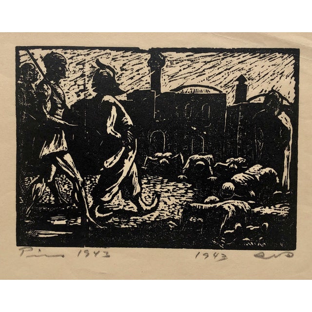 Jacob Pins, 1943 Israeli German Expressionist Woodcut Print Vintage Woodblock Bezalel School, 1943 For Sale