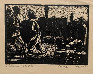 Jacob Pins, 1943 Israeli German Expressionist Woodcut Print Vintage Woodblock Bezalel School, 1943
