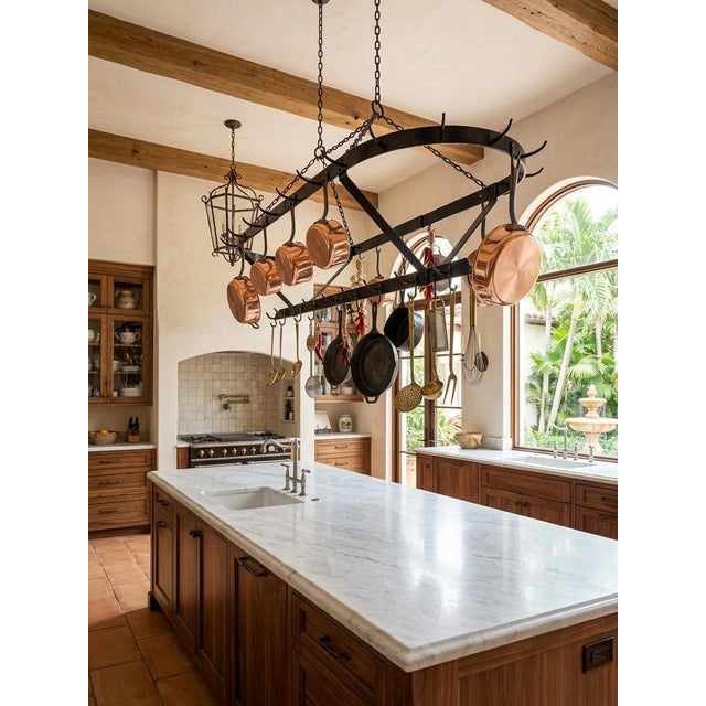 Black French Country Wrought Iron Oval Hanging Pot Rack For Sale - Image 8 of 12