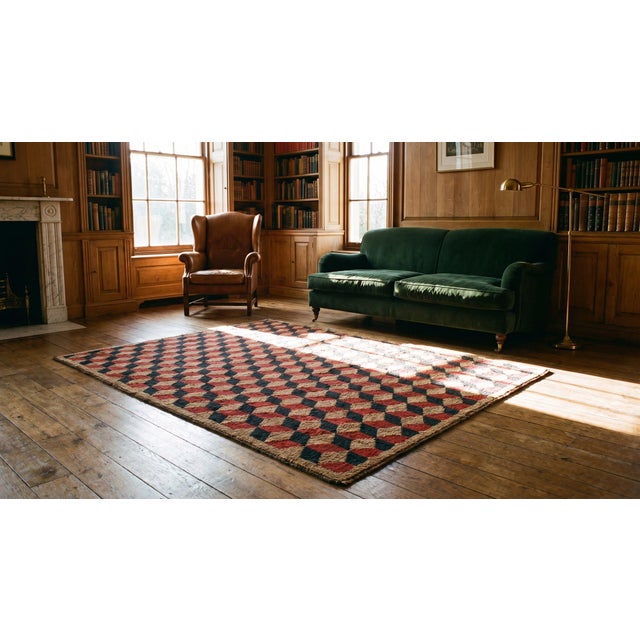 Small Size Happy Red Blue and Tan Color Geometric Tumbling Block Pattern Antique Early 20th Century American Hooked Folk Art Rug For Sale - Image 13 of 13