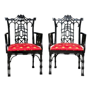 Pair Black Lacquered Pagoda Back Armchairs in the Style of Baker Furniture Company For Sale