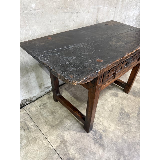 18th C. Spanish Beautifully Rustic Carved-Wood Trestle-Leg Table With Drawer For Sale In San Francisco - Image 6 of 18