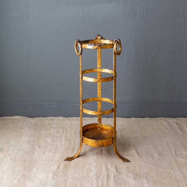 Neoclassical Umbrella Stand of Gilded and Hammered Iron on Footed Base For Sale - Image 6 of 18