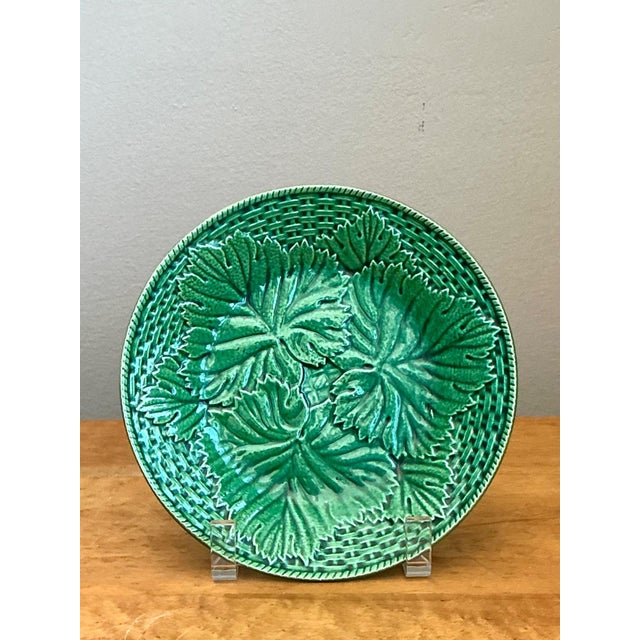 Green Vintage French Majolica Leaf Design Plate For Sale - Image 8 of 12