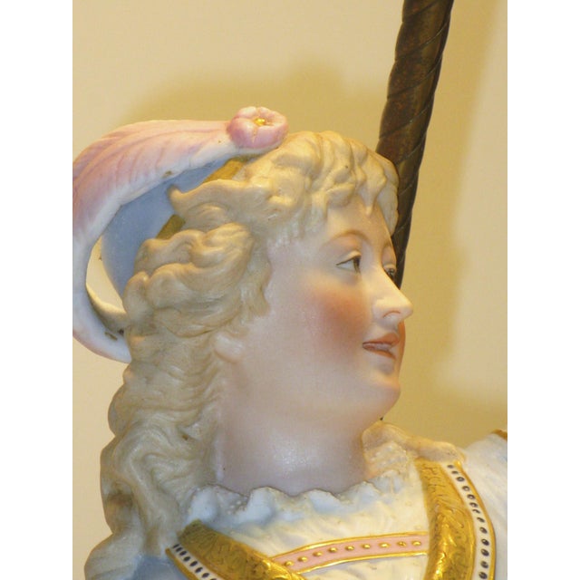 Victorian 1900s Table Lamp Gilded Dresden Porcelain Figurine Masquerade Ball Renaissance For Sale - Image 3 of 17