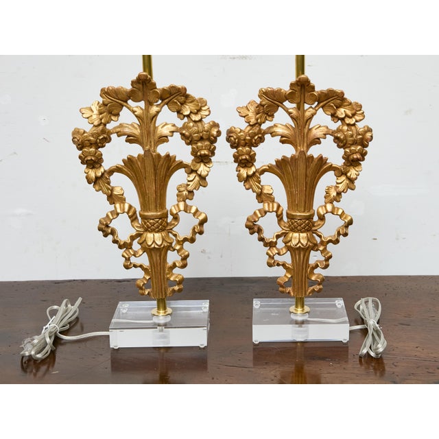 19th Century French Giltwood Floral Fragments Made into Lamps on Custom Lucite Bases - a Pair For Sale - Image 9 of 12